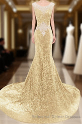 Sequins Court Train Crystal Detailing Trumpet Mermaid Sexy Beading Semi Formal Prom Dresses